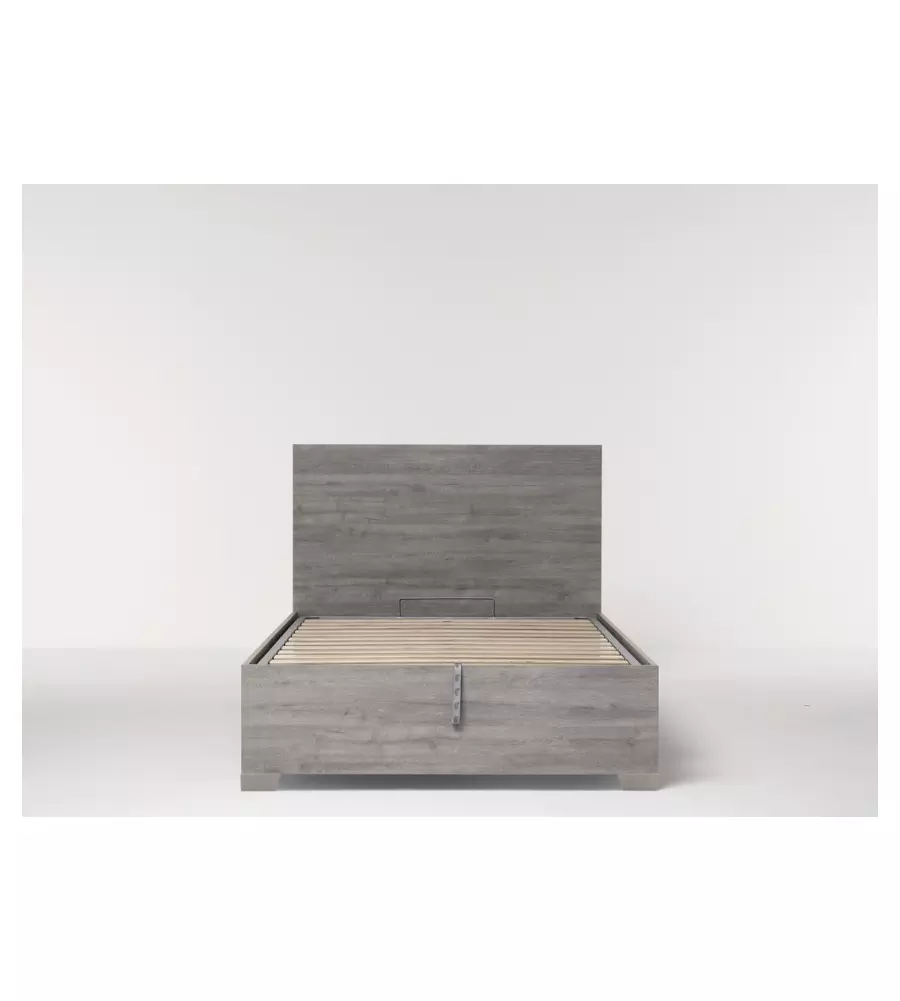 Letto 1 piazza e mezza "hi box" rovere grigio con rete, contenitore e piedini 120x190 cm